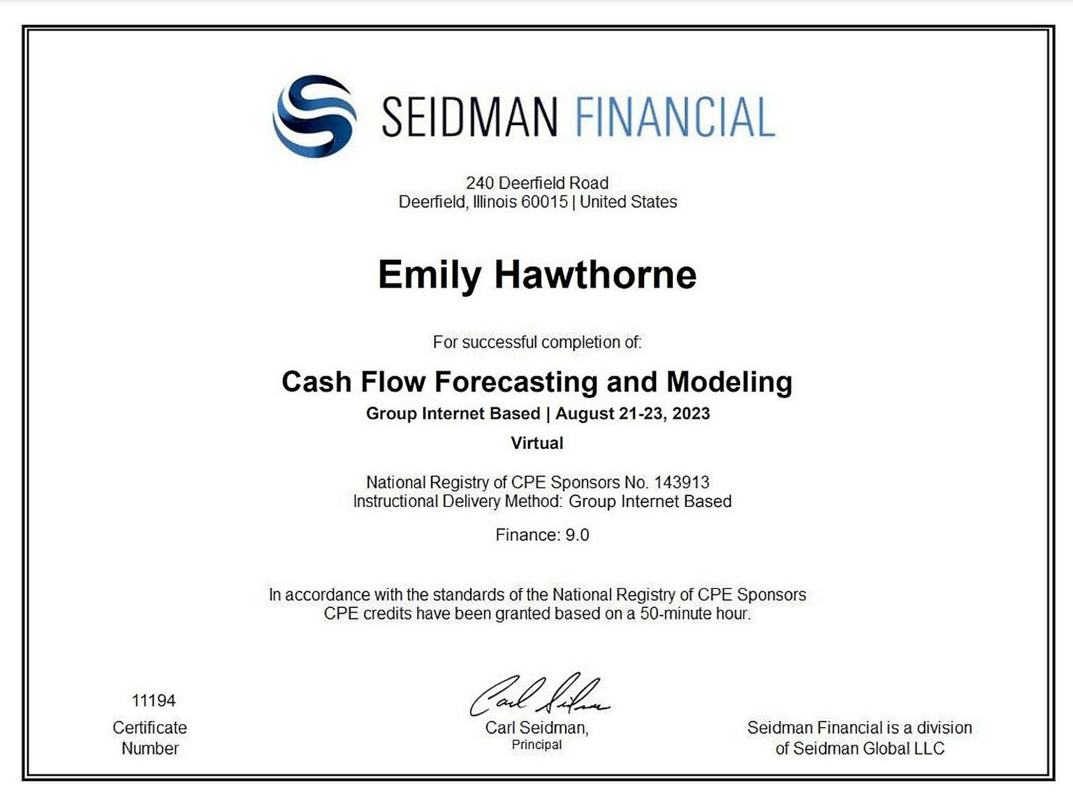 Certificate of Completion: Cash Flow Forecasting and Modeling